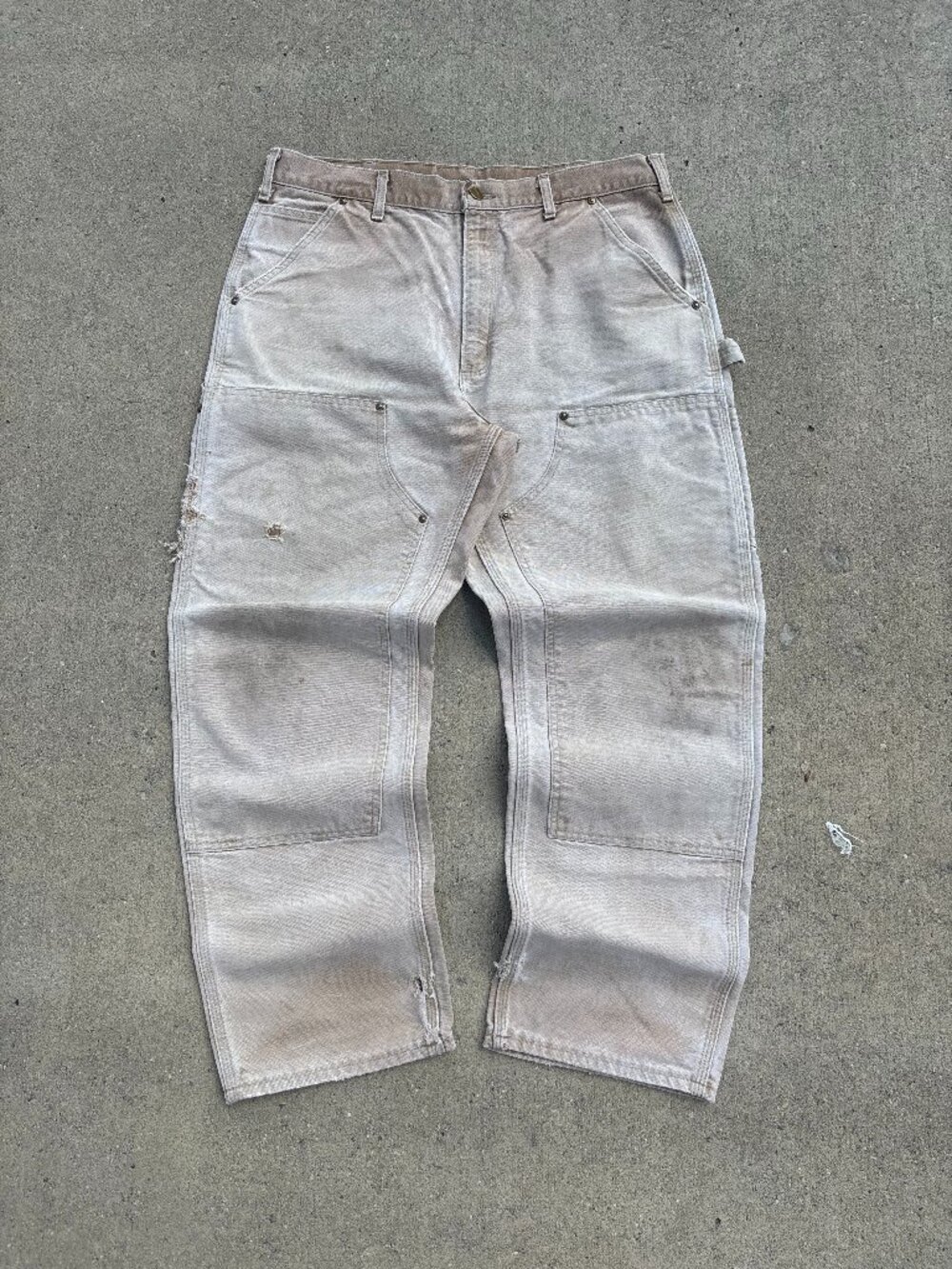 Vintage Carhartt Double Knee Carpenter Pants Distressed Faded Sand Beige USA